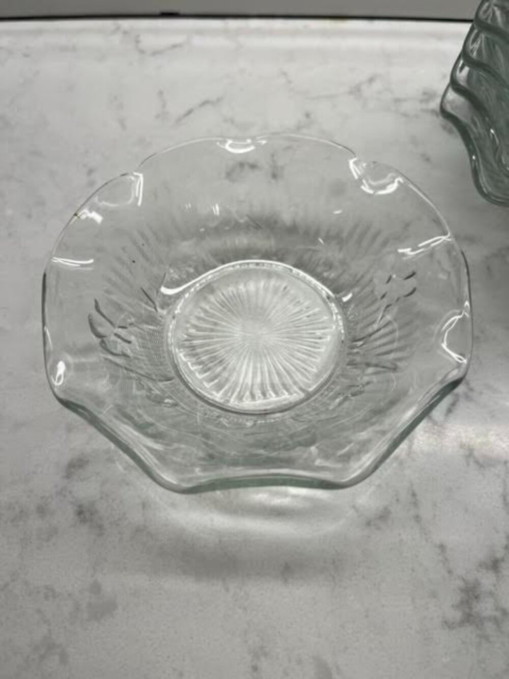 (6) Vintage Anchor Hocking Jeannette Clear Iris Herringbone Ruffled Sauce DisH